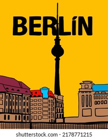 Vektorgrafik von Berliner Skyline-Anmerkungen, verschiedenen Wahrzeichen von Berlin, Deutschland. Stadtbild Berlin für Poster und Postkarten auf gelbem Hintergrund. 