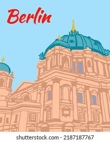 Vektorgrafik von Berliner Skyline-Anmerkungen, verschiedenen Wahrzeichen von Berlin, Deutschland. Berliner Stadtbild für Poster und Postkarten auf blauem Hintergrund. 