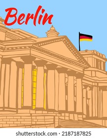 Vector illustration of Berlin city skyline annotations, various landmarks of Berlin, Germany. Berlin cityscape for poster and postcards on blue background. 