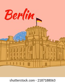 Vector illustration of Berlin city skyline annotations, various landmarks of Berlin, Germany. Berlin cityscape for poster and postcards on pink background. 