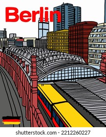 Ilustración vectorial de las anotaciones en el perfil urbano de Berlín, varios monumentos de Berlín, Alemania. Paisaje urbano de Berlín para afiches y postales. Vista de la ciudad de Berlín. 