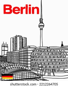 Vector illustration of Berlin city skyline annotations, various landmarks of Berlin, Germany. Berlin cityscape view for poster and postcards. Inscription of Berlin, Germany. 