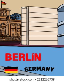 Vector illustration of Berlin city skyline annotations, various landmarks of Berlin, Germany. Berlin cityscape view for poster and postcards. Inscription of Berlin, Germany. 