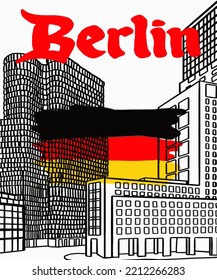 Vector illustration of Berlin city skyline annotations, various landmarks of Berlin, Germany. Berlin cityscape view for poster and postcards. Inscription of Berlin, Germany. 