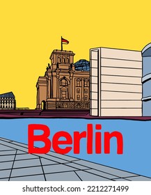 Vector illustration of Berlin city skyline annotations, various landmarks of Berlin, Germany. Berlin cityscape view for poster and postcards. Inscription of Berlin, Germany. 