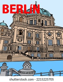 Vector illustration of Berlin city skyline annotations, various landmarks of Berlin, Germany. Berlin cityscape view for poster and postcards. Inscription of Berlin, Germany. 