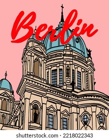 Ilustración vectorial de las anotaciones en el perfil urbano de Berlín, varios monumentos de Berlín, Alemania. Vista del paisaje urbano de Berlín para afiches y postales. Inscripción de Berlín, Alemania. 