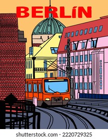 Vector illustration of Berlin city skyline annotations, various landmarks of Berlin, Germany. Berlin cityscape view for poster and postcards. Inscription of Berlin, Germany. 