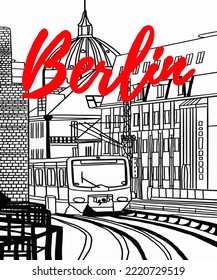 Vector illustration of Berlin city skyline annotations, various landmarks of Berlin, Germany. Berlin cityscape view for poster and postcards. Inscription of Berlin, Germany. 