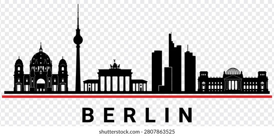 Vector illustration of Berlin city skyline with famous landmarks including the TV Tower, Brandenburg Gate, and Reichstag building, isolated on white background.
