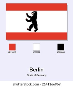Vektorgrafik der Berliner Flagge einzeln auf hellblauem Hintergrund. Illustration Berlin Flag mit Farbcodes. So nah wie möglich am Original. einsatzbereit, einfach zu bearbeiten. Vektor eps10.
