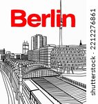 Vector illustration of Berlin railway station, various landmarks of Berlin, Germany. Berlin cityscape view for poster and postcards. Inscription of Berlin, Germany. 