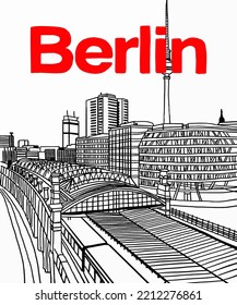 Vektorgrafik von Berliner Skyline-Anmerkungen, verschiedenen Wahrzeichen von Berlin, Deutschland. Stadtbild Berlin für Poster und Postkarten. Inschrift von Berlin, Deutschland. 