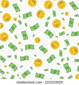 Ilustración vectorial de la moneda del dólar de las Bermudas. Patrón aleatorio de billetes y monedas en color verde y oro sobre fondo transparente (PNG). 