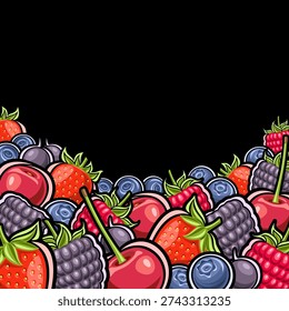 Vector illustration of Berries with copyspace, decorative placard with group of assorted red and blue garden berries on black background
