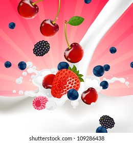 Vector Illustration of Berries falling into a Splash of Milk