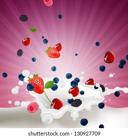 Vector Illustration of Berries falling into a Splash of Milk