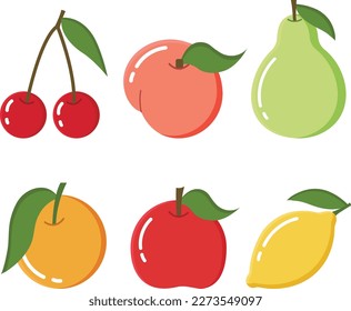 Vector illustration of berries and fruits in cartoon style. Vector illustration cherry, apple, pear, peach, lemon, orange. Isolated tropical fruits vector