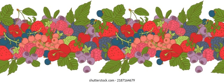 Vector illustration Berries mix seamless border frame of cherry, currant, blueberry, blackberry, raspberry, strawberry