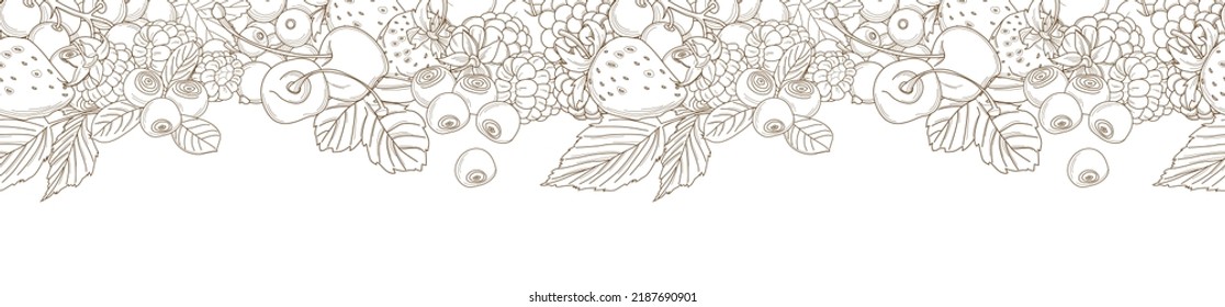 Vector illustration Berries mix seamless border frame of cherry, currant, blueberry, blackberry, raspberry, strawberry