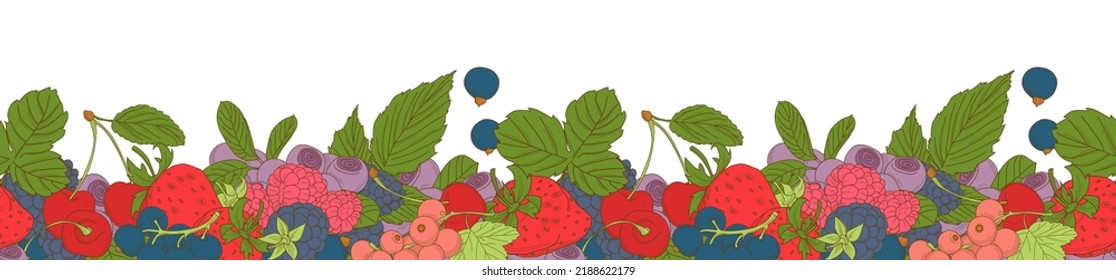 Vector illustration Berries mix seamless border frame of cherry, currant, blueberry, blackberry, raspberry, strawberry