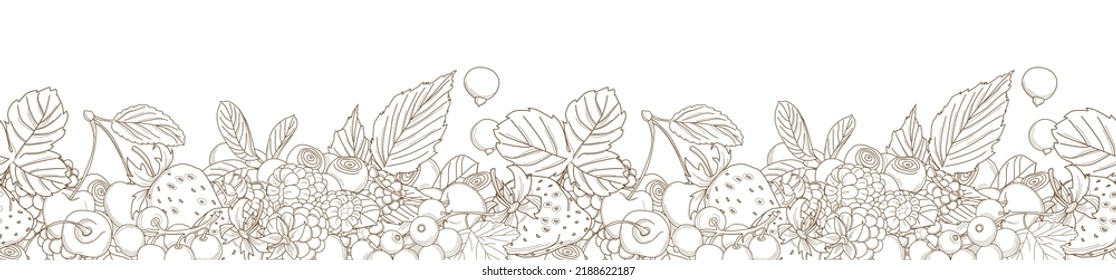 Vector illustration Berries mix seamless border frame of cherry, currant, blueberry, blackberry, raspberry, strawberry