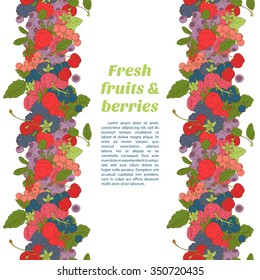 Vector illustration Berries mix seamless border frame of cherry, currant, blueberry, blackberry, raspberry, strawberry