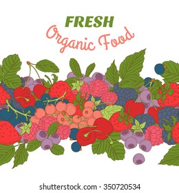 Vector illustration  Berries mix seamless border frame of cherry, currant, blueberry, blackberry, raspberry, strawberry