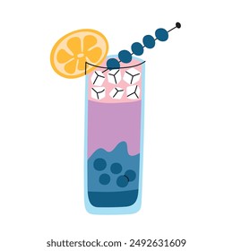 Vector illustration of a berry cocktail with a lemon slice and blueberry skewer garnish. Flat cartoon style, refreshing drink for summer and tropical themes. Bright design for vacation and party