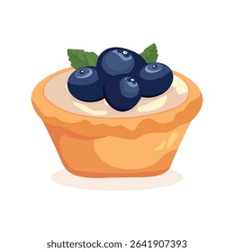 Vector illustration of a berry tartlet with cream, strawberries, raspberries, blueberries, and blackberries on a white background. Perfect for Chocolate Day, kids menu, bakery ads, decor, and seasonal