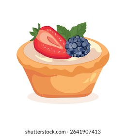 Vector illustration of a berry tartlet with cream, strawberries, raspberries, blueberries, and blackberries on a white background. Perfect for Chocolate Day, kids menu, bakery ads, decor, and seasonal