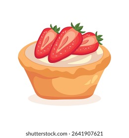 Vector illustration of a berry tartlet with cream, strawberries, raspberries, blueberries, and blackberries on a white background. Perfect for Chocolate Day, kids menu, bakery ads, decor, and seasonal