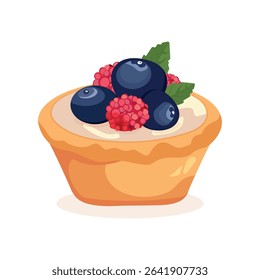 Vector illustration of a berry tartlet with cream, strawberries, raspberries, blueberries, and blackberries on a white background. Perfect for Chocolate Day, kids menu, bakery ads, decor, and seasonal