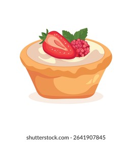 Vector illustration of a berry tartlet with cream, strawberries, raspberries, blueberries, and blackberries on a white background. Perfect for Chocolate Day, kids menu, bakery ads, decor, and seasonal