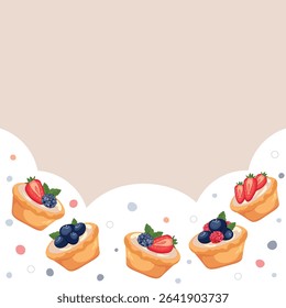 Vector illustration of berry tartlets with cream, strawberries, raspberries, blueberries, and blackberries on light background with space for custom text. Perfect for Chocolate Day, kids and festive d