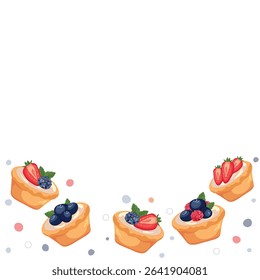 Vector illustration of berry tartlets with cream, strawberries, raspberries, blueberries, and blackberries on light background with space for custom text. Perfect for Chocolate Day, kids and festive d