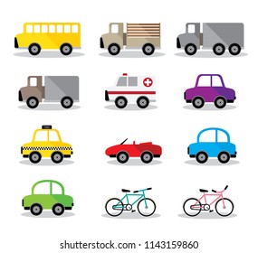 vector illustration beside model many car, bus, truck, bike, ambulance and taxi on white background.