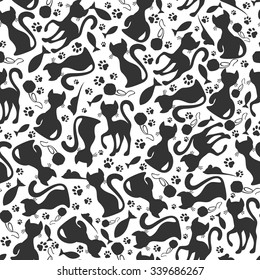 Vector illustration of Bessonova backgrounds from cats, fish, ball of yarn, the pattern.