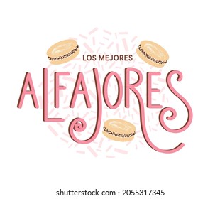 Vector illustration of The Best Alfajores text in Spanish for banner, label, packaging, cover, menu, poster, decoration, postcard. The Best Alfajores calligraphy background. EPS 10.