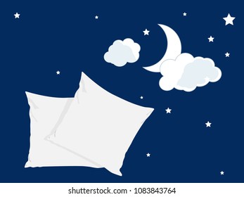 Vector illustration  the best dreams ever, comfortable sleep. Soft cushion. Relaxation, sleeping concept. Night, clouds, stars background