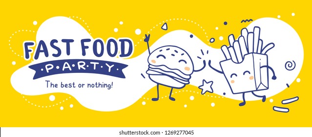 Vector illustration of best food friend. Happy french fries and burger character on yellow background. Line art style design for web, banner, print