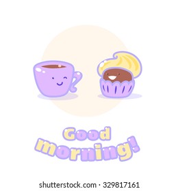 Vector illustration with best friends: cup of coffee and cupcake.