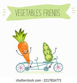 Vector Illustration Best Friends Vegetables Carrot And Pea Ride Tandem, Bike, Funny Hand Drawn Cartoon Characters, Text Friends Vegetables.