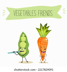 Vector Illustration Best Friends Vegetables Carrots And Peas Playing The Flute, Fife, Fun, Funny Hand Drawn Cartoon Characters, Text Friends Vegetables.