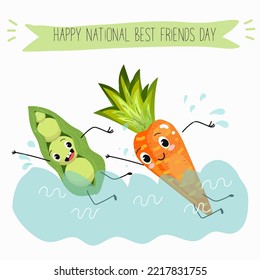 Vector Illustration Best Friends Vegetables Carrot And Pea Swim Crawl, Fun, Funny Hand Drawn Cartoon Characters, Text Friends Vegetables.