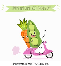 Ilustración vectorial mejores amigos verduras zanahoria y patineta de guisantes, divertido, graciosos personajes de dibujos a mano, feliz texto de los mejores amigos nacionales dAY.