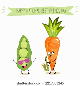 Vector illustration best friends vegetables carrot and pea have fun playing saxophone, funny hand drawn cartoon characters, text happy national best friends day.