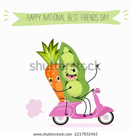Vector illustration best friends vegetables carrot and pea ride scooter, fun, funny hand drawn cartoon characters, text happy national best friends dAY.