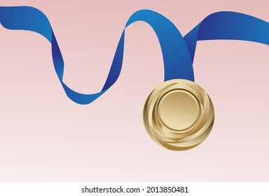 Vector illustration, best gold medal with blue ribbon, isolated on pink background.