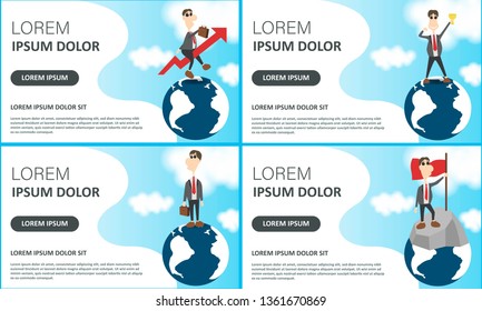 Vector illustration of best idea winner, men planning new project, businessmen on Earth globe and on top of mountain